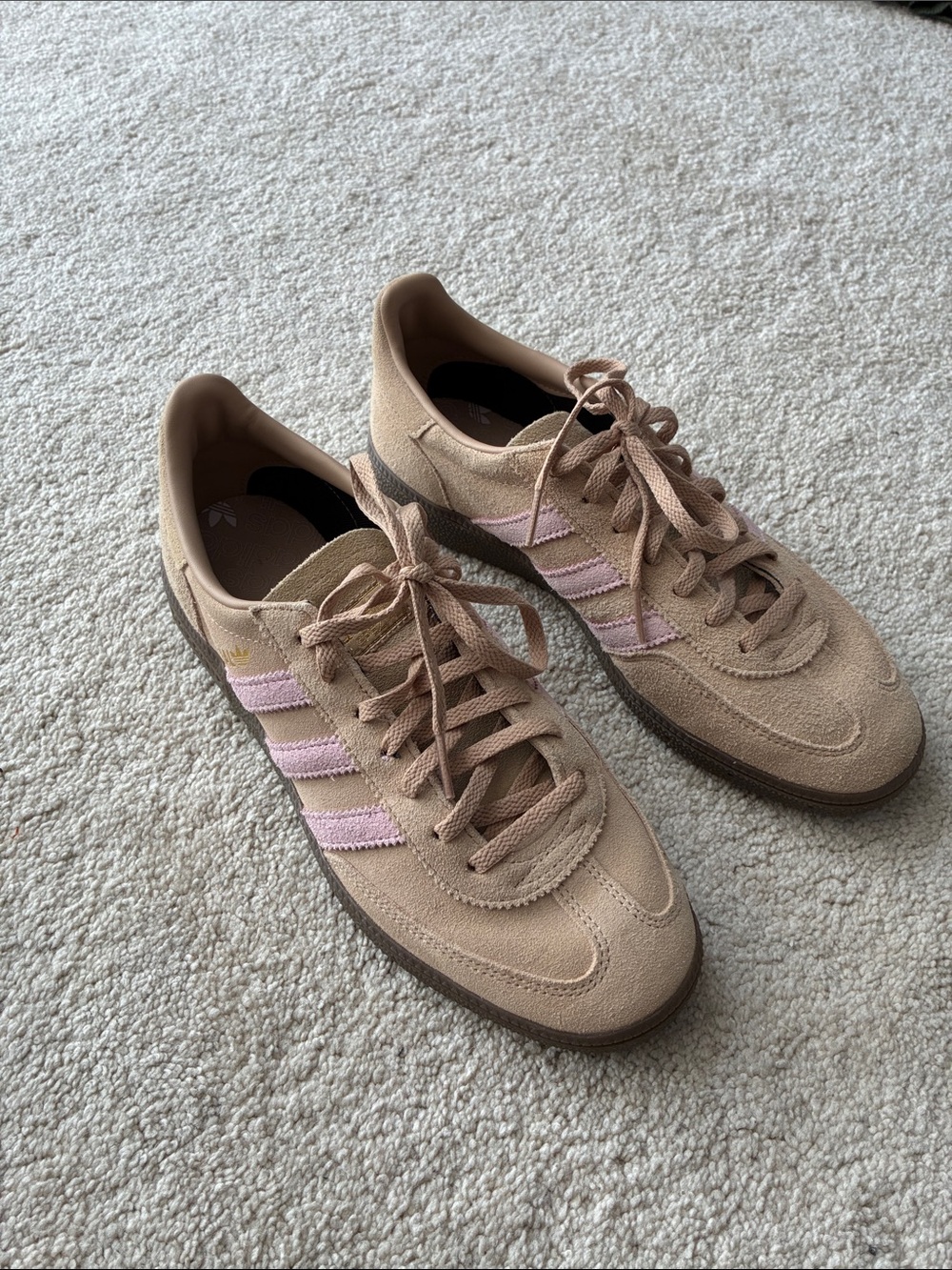 adidas Women’s Beige Suede Sneakers with Pink Stripes